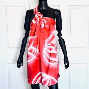 NWT BCBGMAXAZRIA Silk Print red white dress asymmetry zip $218 lightweight